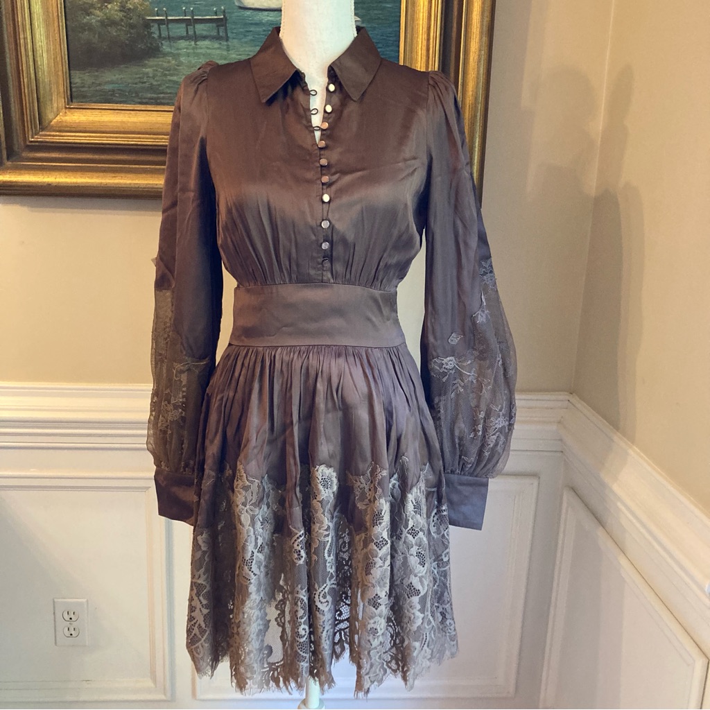 Bytimo Brown Silky Viscose Lace Long Sleeve Fit Flare Shirt Dress Nwt